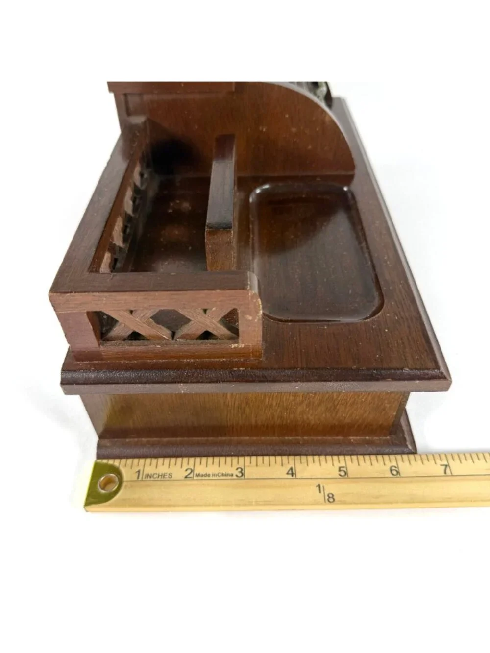 Vintage Men's Dresser Top Wooden Valet Jewelry Box Roll-Top Change Tray